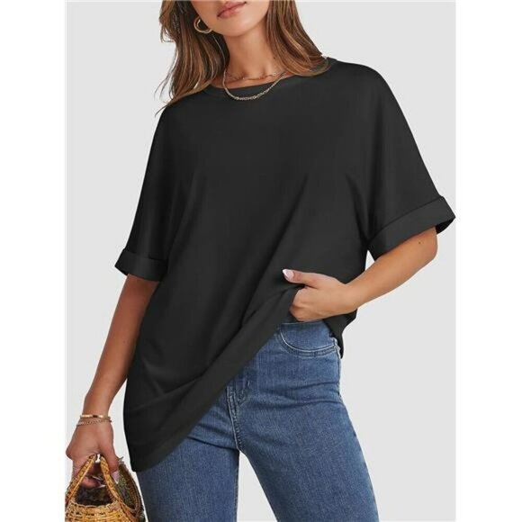 Womens Oversized T Shirt Loose Fit Casual Crew Neck Summer Top Plus Size - Picture 3 of 7
